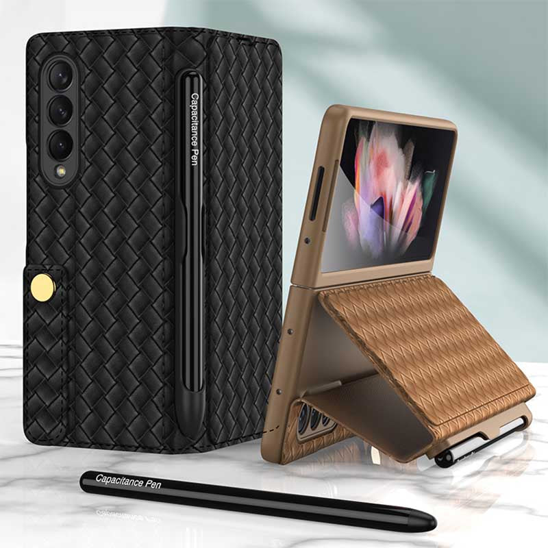 buy a mobile phone case and get a free capacitive pen flip pen slot phone case personalized woven leather pattern zfold3 phone casehbvwf