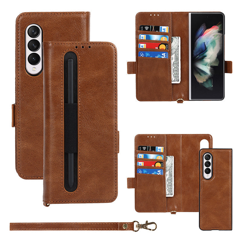 complimentary capacitive pensuitable for samsung zfold3 crazy horse pattern buckle lanyard with pen bag twoinone mobile phone case7g1he