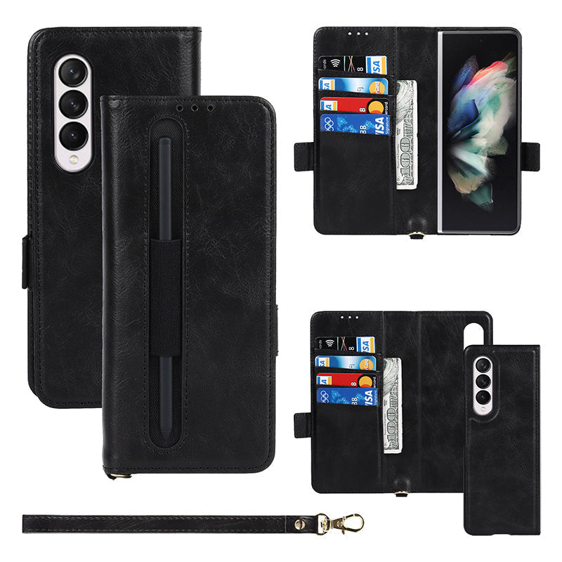 complimentary capacitive pensuitable for samsung zfold3 crazy horse pattern buckle lanyard with pen bag twoinone mobile phone casept0wz