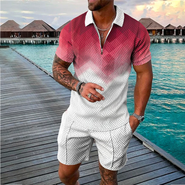 mens fashion vacation contrast color geometric printing polo suithecdc