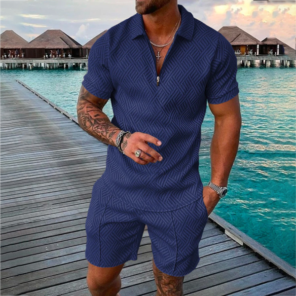 mens seaside casual blue printed polo suitfn6mo