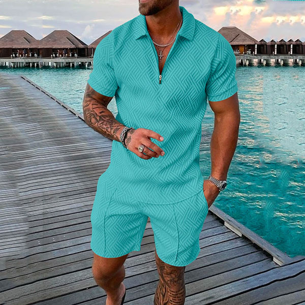 mens seaside casual lake water green color printed polo suitkdel8
