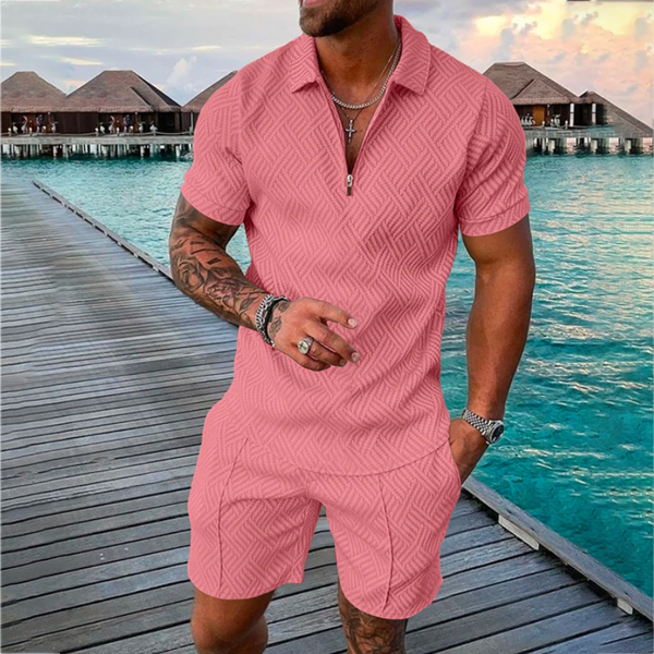 mens seaside leisure pink printing polo suitedbbz